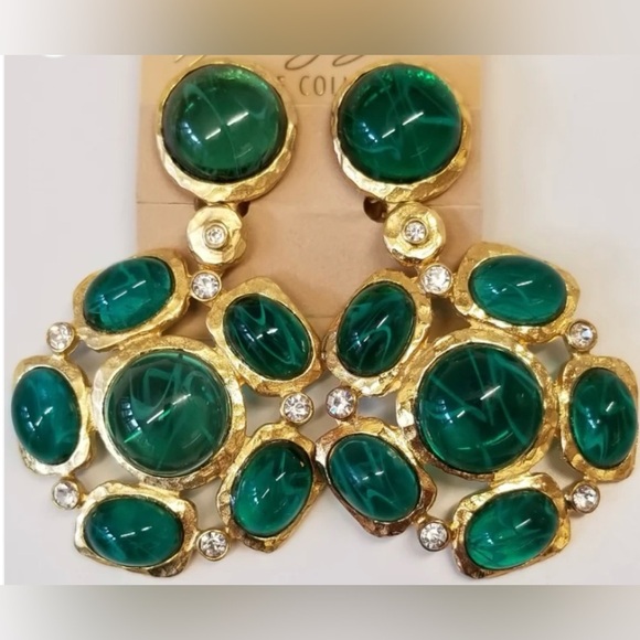 Kenneth‎ Jay Lane Emerald Cabochons Drop Clip Earring New - Picture 3 of 3
